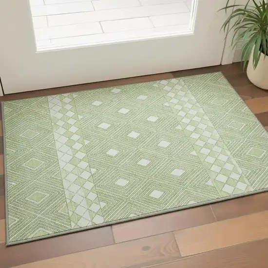 Artichoke Green And Ivory Geometric Washable Area Rug With UV Protection Photo 2