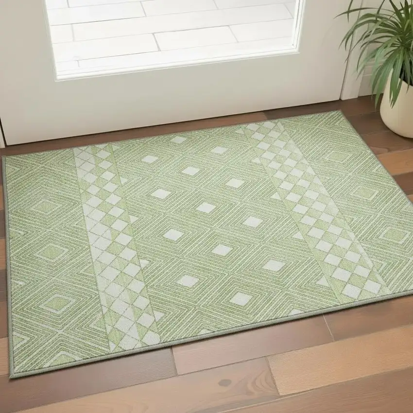 Artichoke Green And Ivory Geometric Washable Area Rug With UV Protection Photo 2