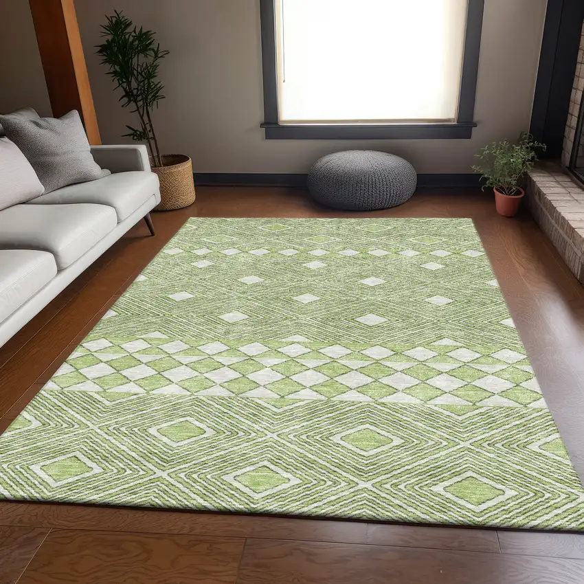 Artichoke Green And Ivory Geometric Washable Area Rug With UV Protection Photo 5
