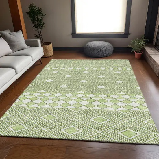 Artichoke Green And Ivory Geometric Washable Area Rug With UV Protection Photo 6