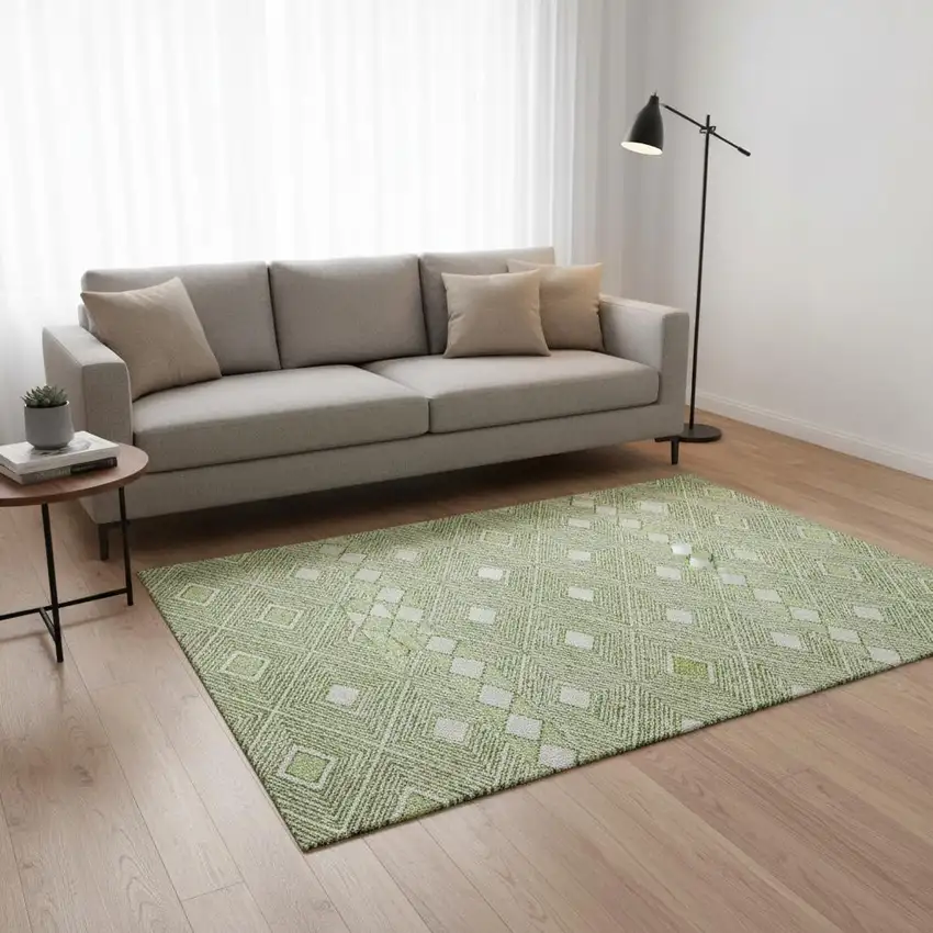 Artichoke Green And Ivory Geometric Washable Area Rug With UV Protection Photo 2
