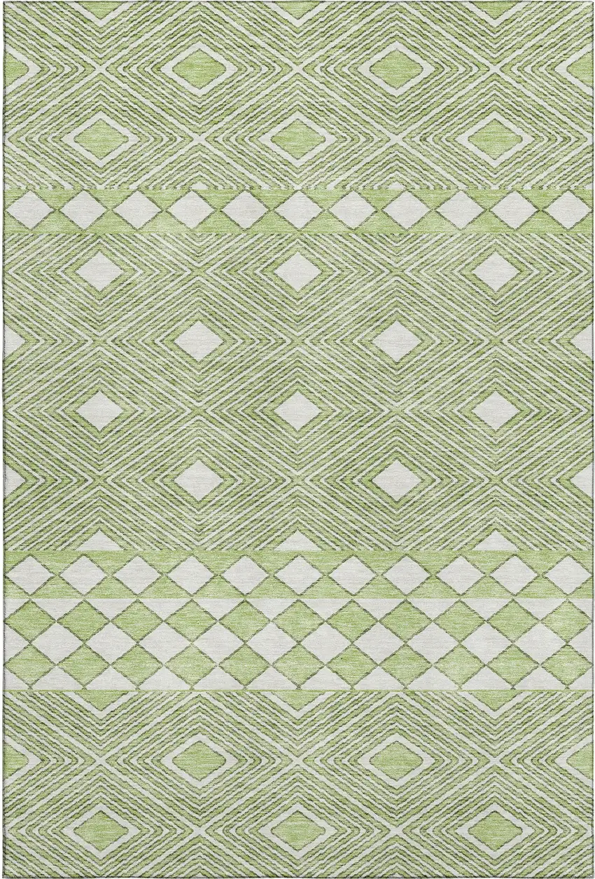 Artichoke Green And Ivory Geometric Washable Area Rug With UV Protection Photo 1