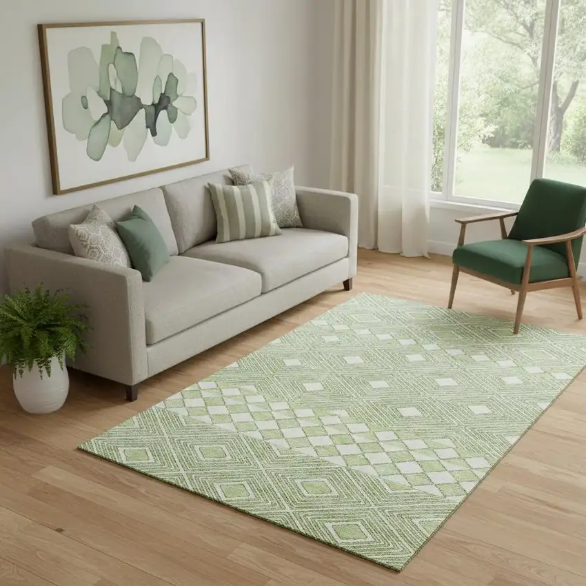 Artichoke Green And Ivory Geometric Washable Area Rug With UV Protection Photo 1