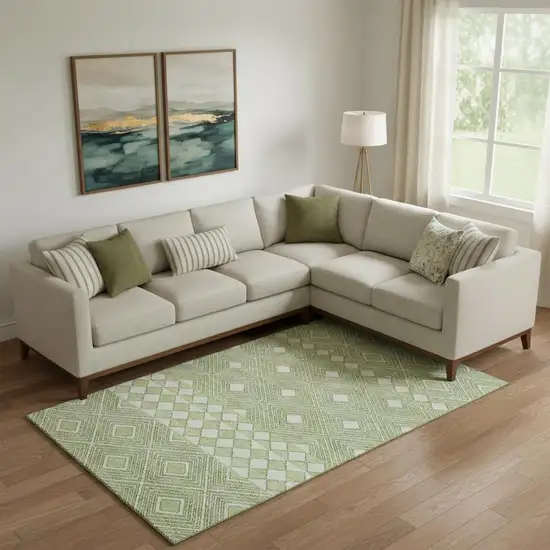 Artichoke Green And Ivory Geometric Washable Area Rug With UV Protection Photo 1