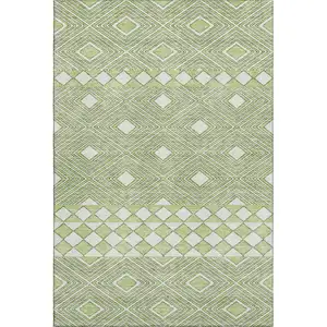 Photo of Artichoke Green And Ivory Geometric Washable Area Rug With UV Protection