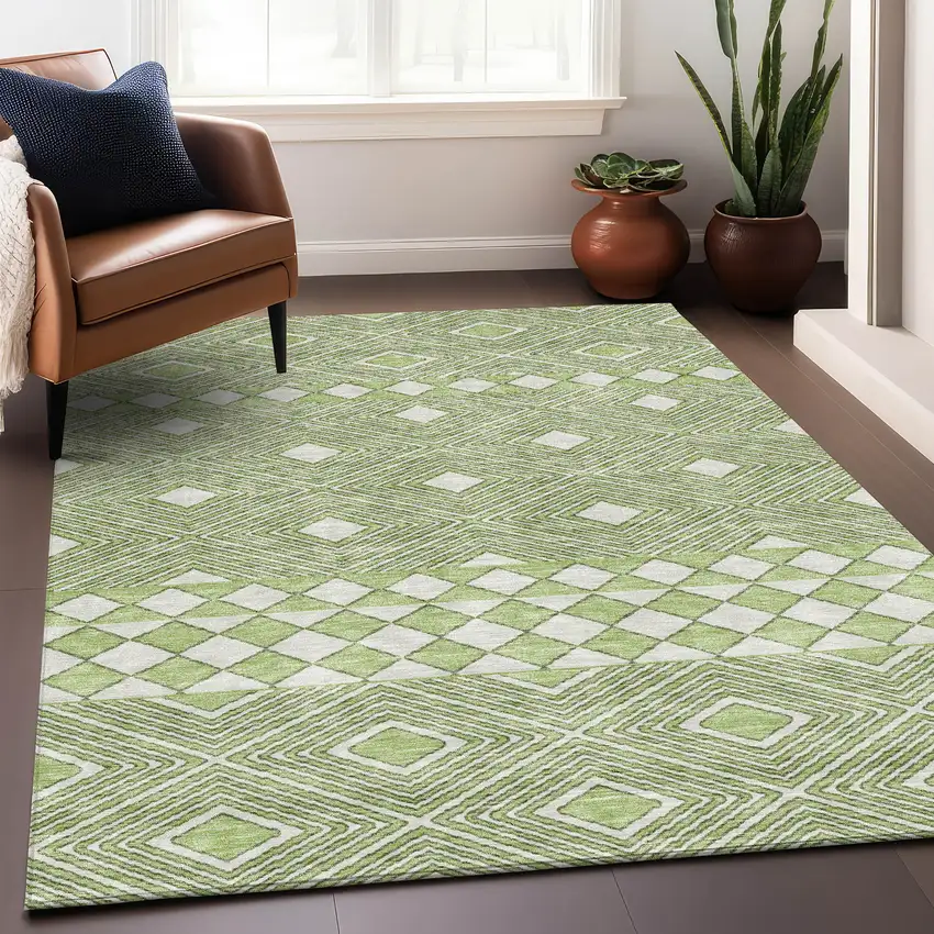 Artichoke Green And Ivory Geometric Washable Area Rug With UV Protection Photo 5