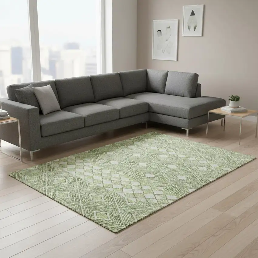 Artichoke Green And Ivory Geometric Washable Area Rug With UV Protection Photo 2