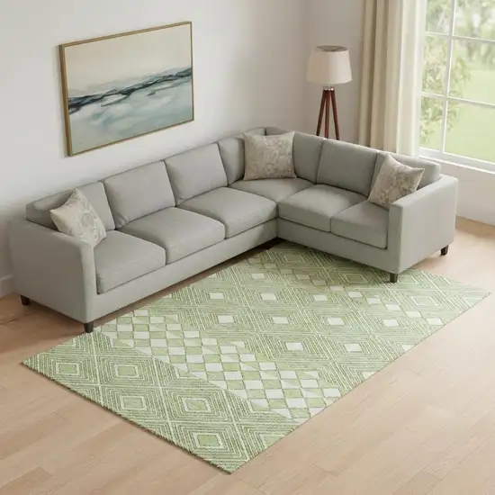 Artichoke Green And Ivory Geometric Washable Area Rug With UV Protection Photo 1