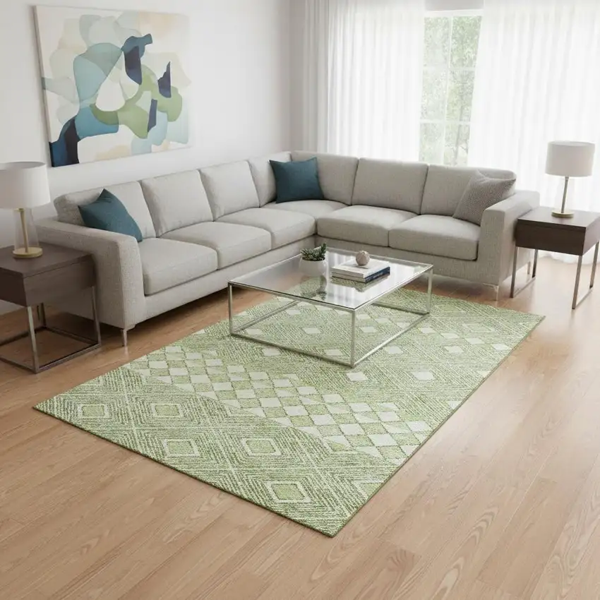 Artichoke Green And Ivory Geometric Washable Area Rug With UV Protection Photo 2