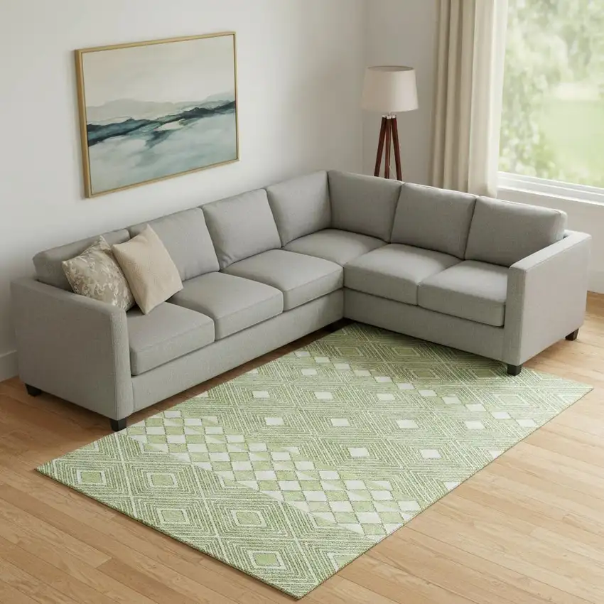 Artichoke Green And Ivory Geometric Washable Area Rug With UV Protection Photo 1