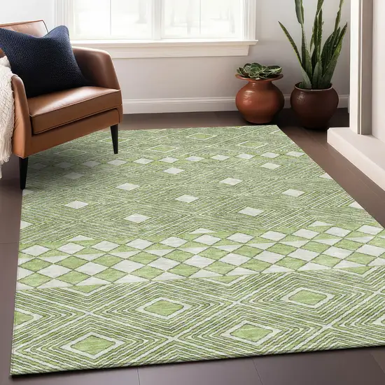 Artichoke Green And Ivory Geometric Washable Area Rug With UV Protection Photo 5