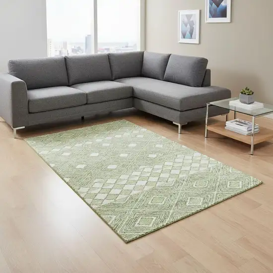 Artichoke Green And Ivory Geometric Washable Area Rug With UV Protection Photo 2