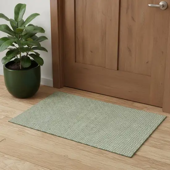 Artichoke Green And Ivory Geometric Washable Area Rug With UV Protection Photo 1