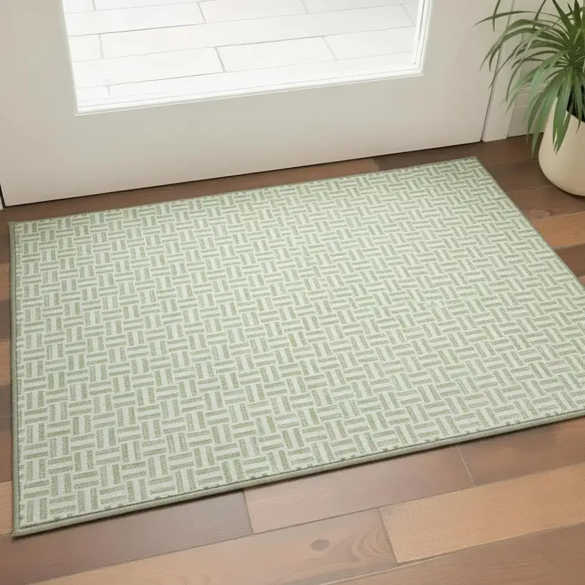 Artichoke Green And Ivory Geometric Washable Area Rug With UV Protection Photo 2