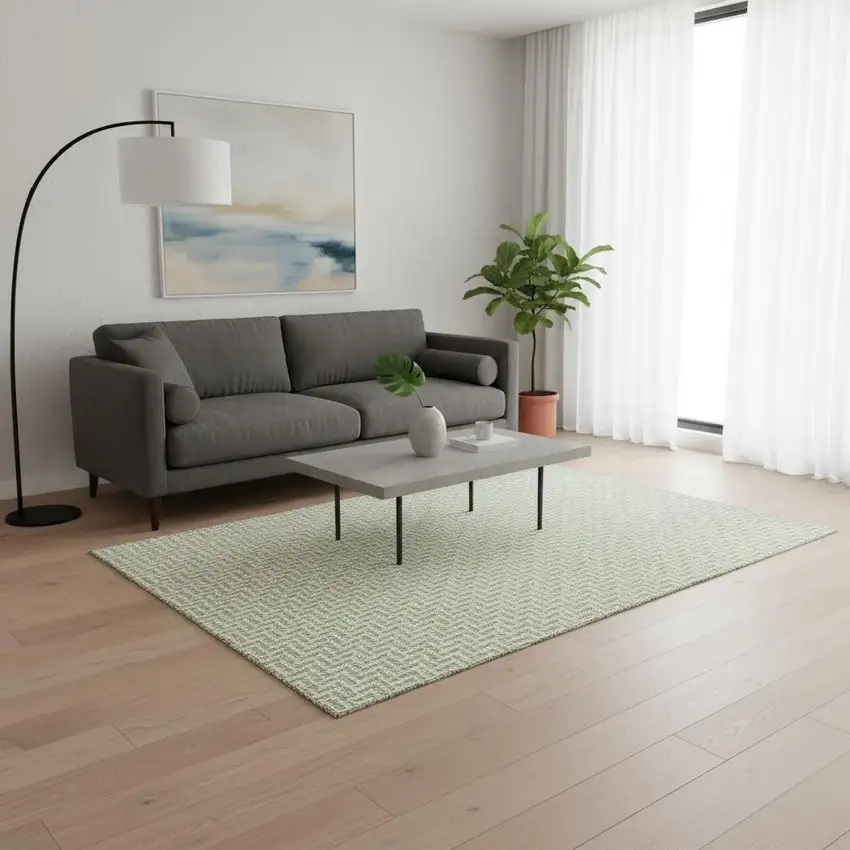 Artichoke Green And Ivory Geometric Washable Area Rug With UV Protection Photo 2