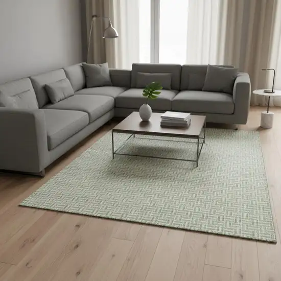 Artichoke Green And Ivory Geometric Washable Area Rug With UV Protection Photo 2