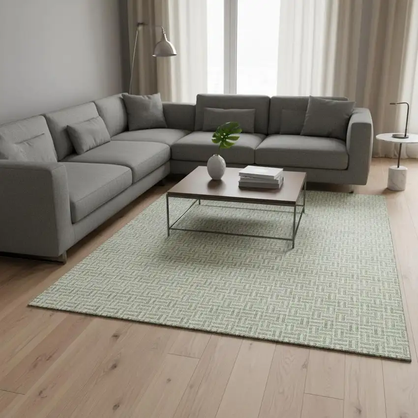 Artichoke Green And Ivory Geometric Washable Area Rug With UV Protection Photo 2