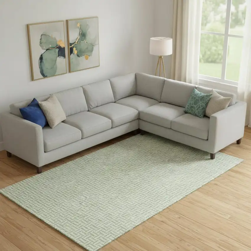 Artichoke Green And Ivory Geometric Washable Area Rug With UV Protection Photo 1