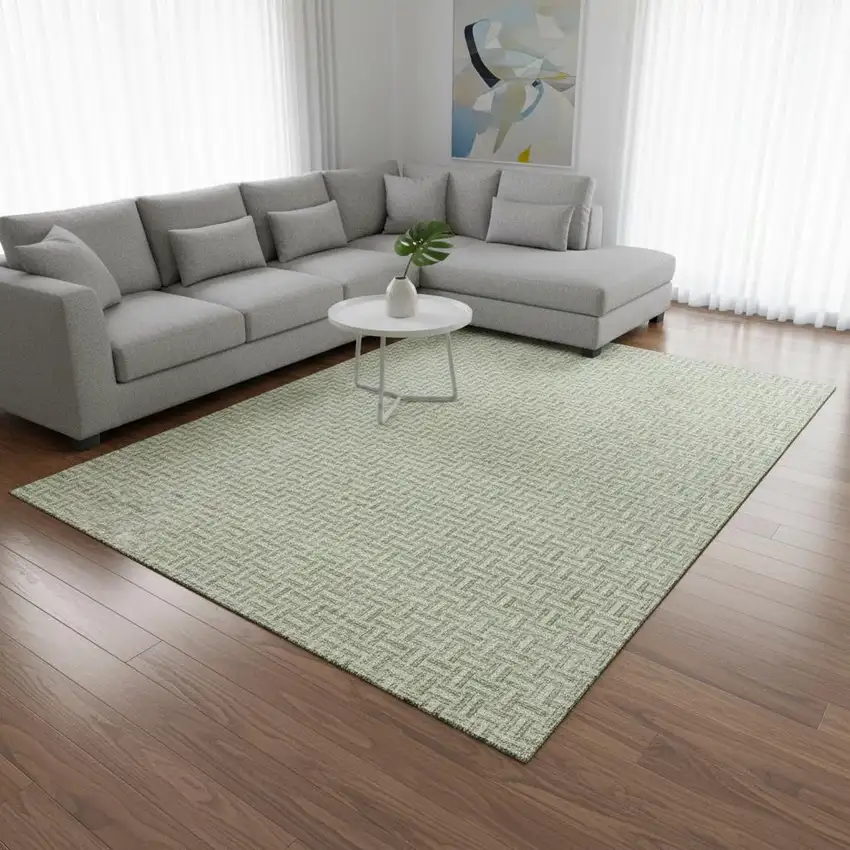Artichoke Green And Ivory Geometric Washable Area Rug With UV Protection Photo 2