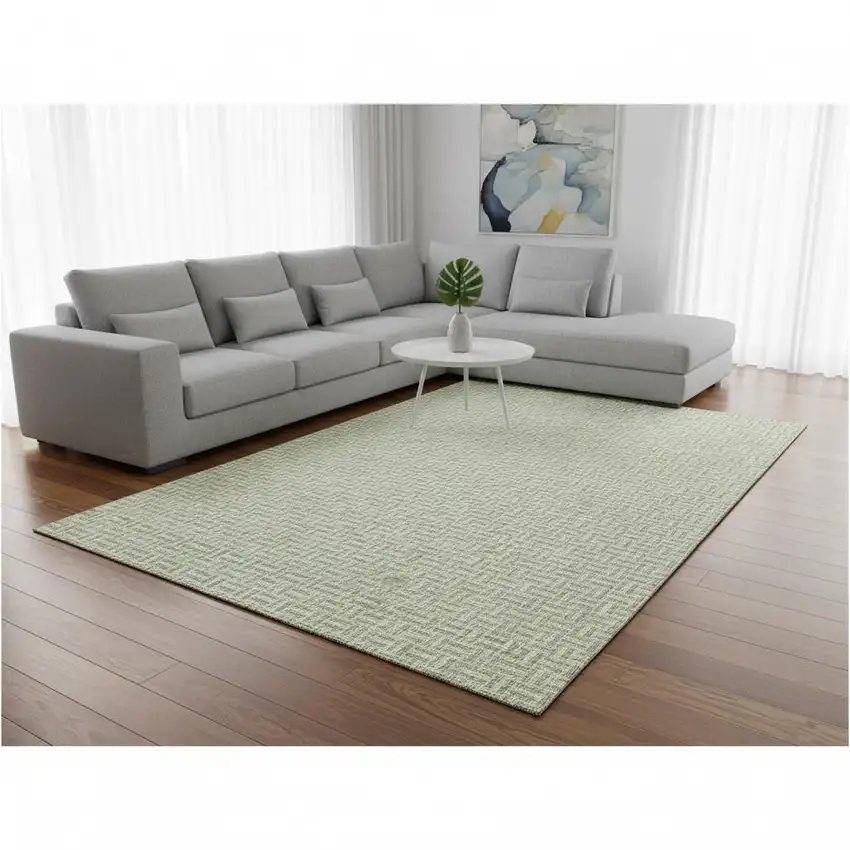 Artichoke Green And Ivory Geometric Washable Area Rug With UV Protection Photo 2