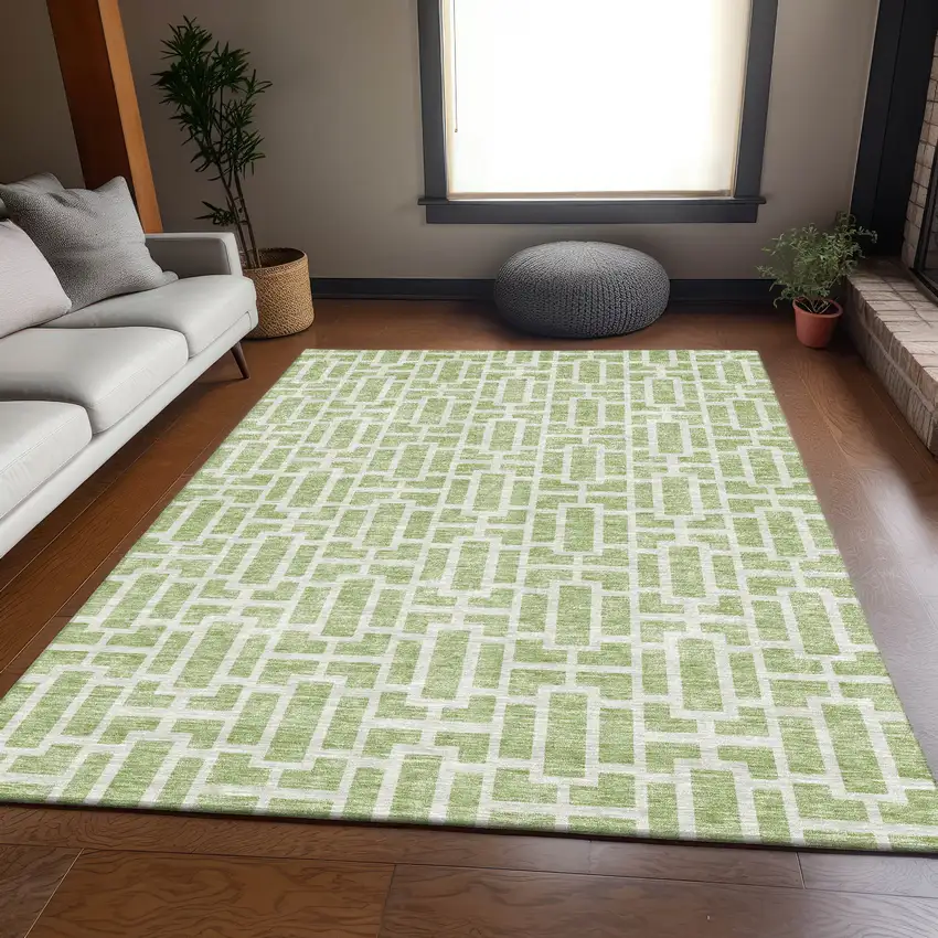 Artichoke Green And Ivory Geometric Washable Area Rug With UV Protection Photo 6