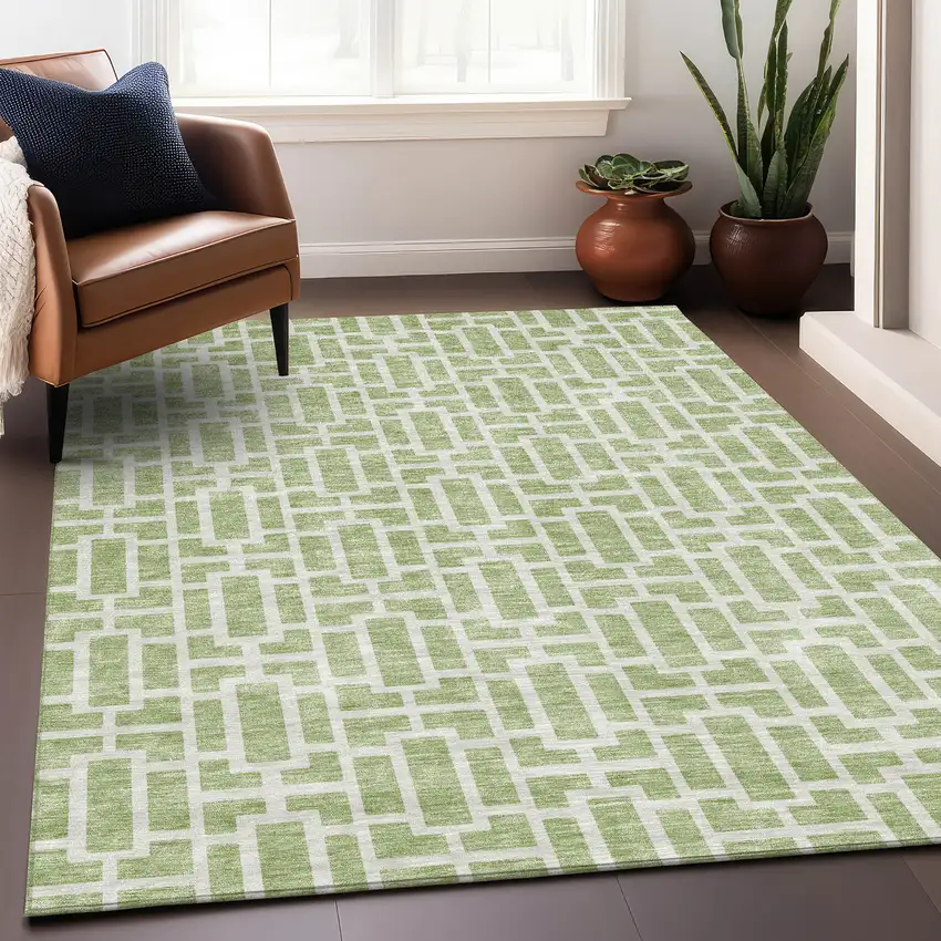 Artichoke Green And Ivory Geometric Washable Area Rug With UV Protection Photo 5