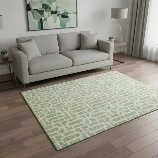 Artichoke Green And Ivory Geometric Washable Area Rug With UV Protection Photo 2