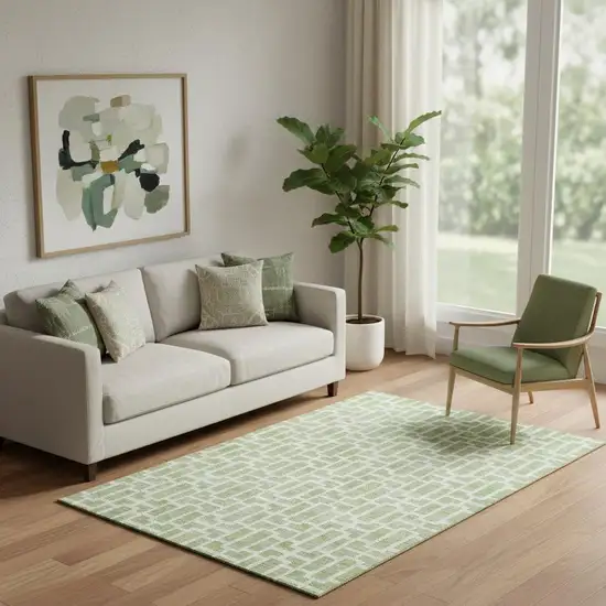 Artichoke Green And Ivory Geometric Washable Area Rug With UV Protection Photo 1
