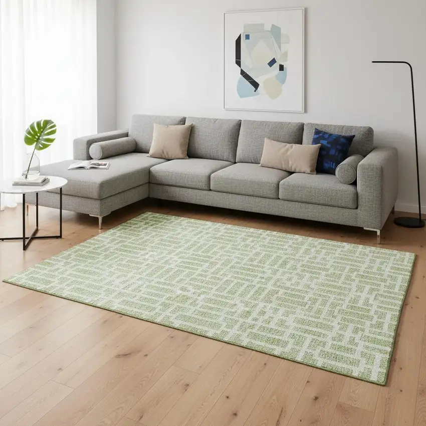 Artichoke Green And Ivory Geometric Washable Area Rug With UV Protection Photo 2