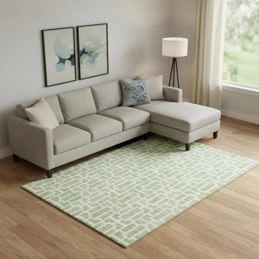 Artichoke Green And Ivory Geometric Washable Area Rug With UV Protection Photo 1