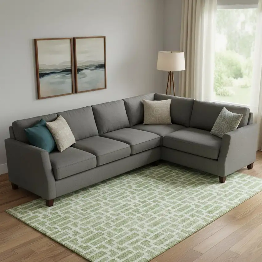 Artichoke Green And Ivory Geometric Washable Area Rug With UV Protection Photo 1