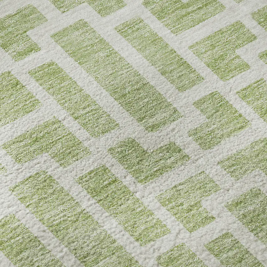 Artichoke Green And Ivory Geometric Washable Area Rug With UV Protection Photo 9