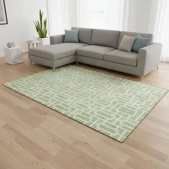 Artichoke Green And Ivory Geometric Washable Area Rug With UV Protection Photo 2