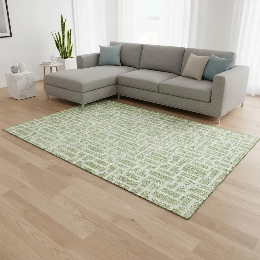 Artichoke Green And Ivory Geometric Washable Area Rug With UV Protection Photo 2