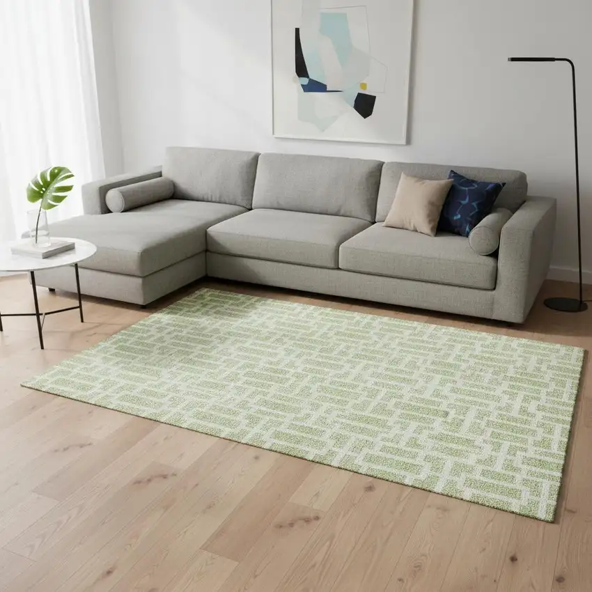 Artichoke Green And Ivory Geometric Washable Area Rug With UV Protection Photo 2