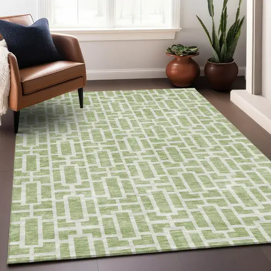 Artichoke Green And Ivory Geometric Washable Area Rug With UV Protection Photo 5
