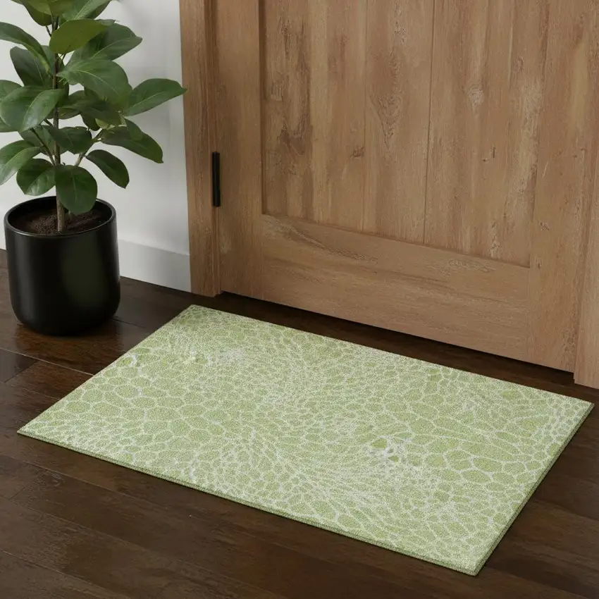 Artichoke Green And Ivory Geometric Washable Area Rug With UV Protection Photo 1