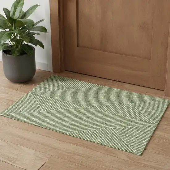 Artichoke Green And Ivory Geometric Washable Area Rug With UV Protection Photo 1
