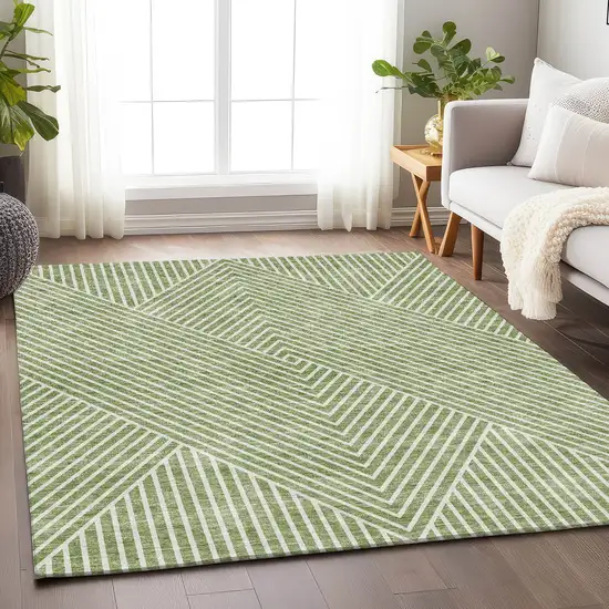 Artichoke Green And Ivory Geometric Washable Area Rug With UV Protection Photo 4