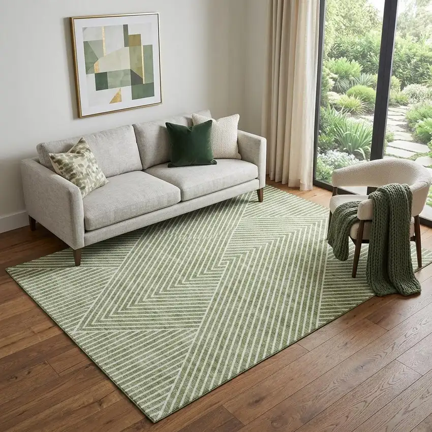 Artichoke Green And Ivory Geometric Washable Area Rug With UV Protection Photo 1