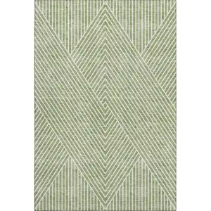 Photo of Artichoke Green And Ivory Geometric Washable Area Rug With UV Protection