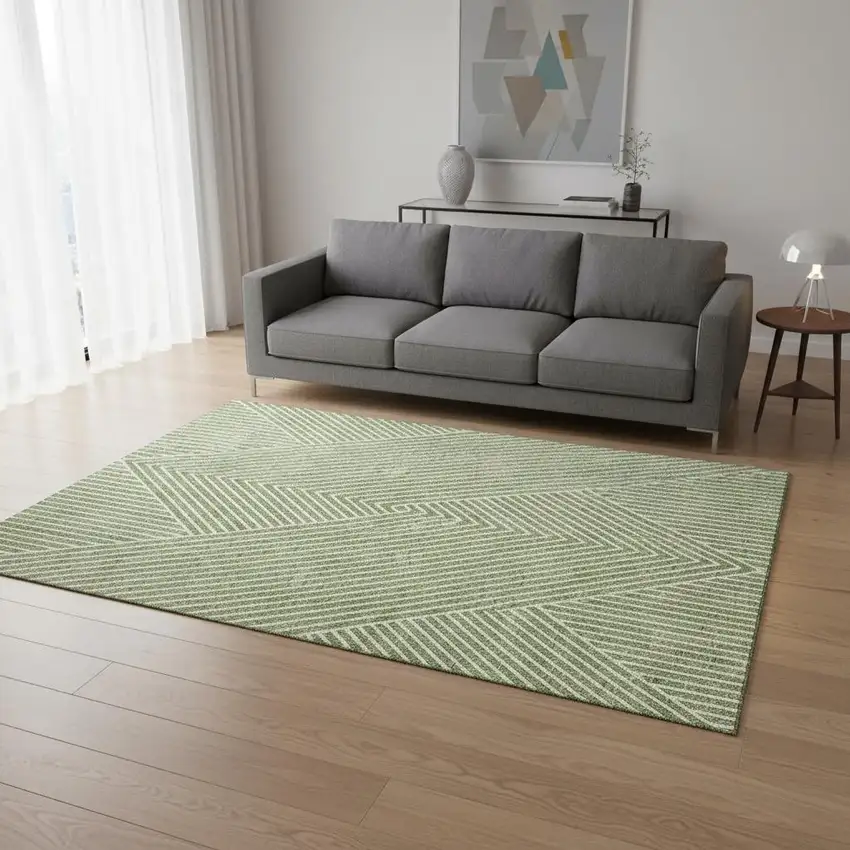 Artichoke Green And Ivory Geometric Washable Area Rug With UV Protection Photo 2