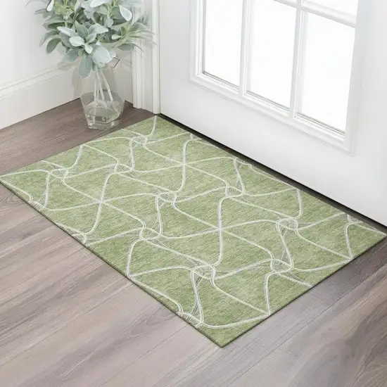 Artichoke Green And Ivory Geometric Washable Area Rug With UV Protection Photo 2