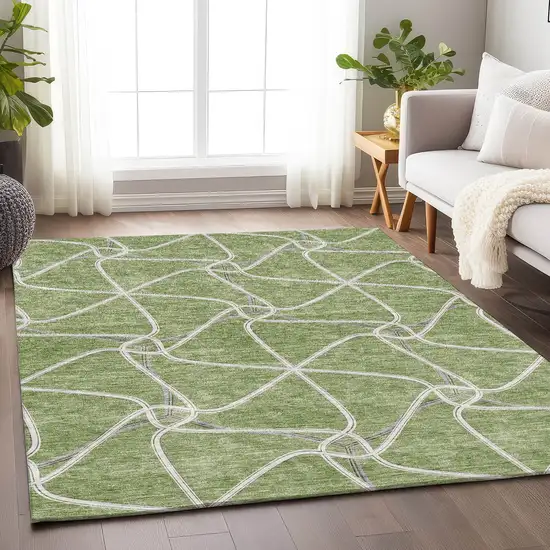 Artichoke Green And Ivory Geometric Washable Area Rug With UV Protection Photo 3