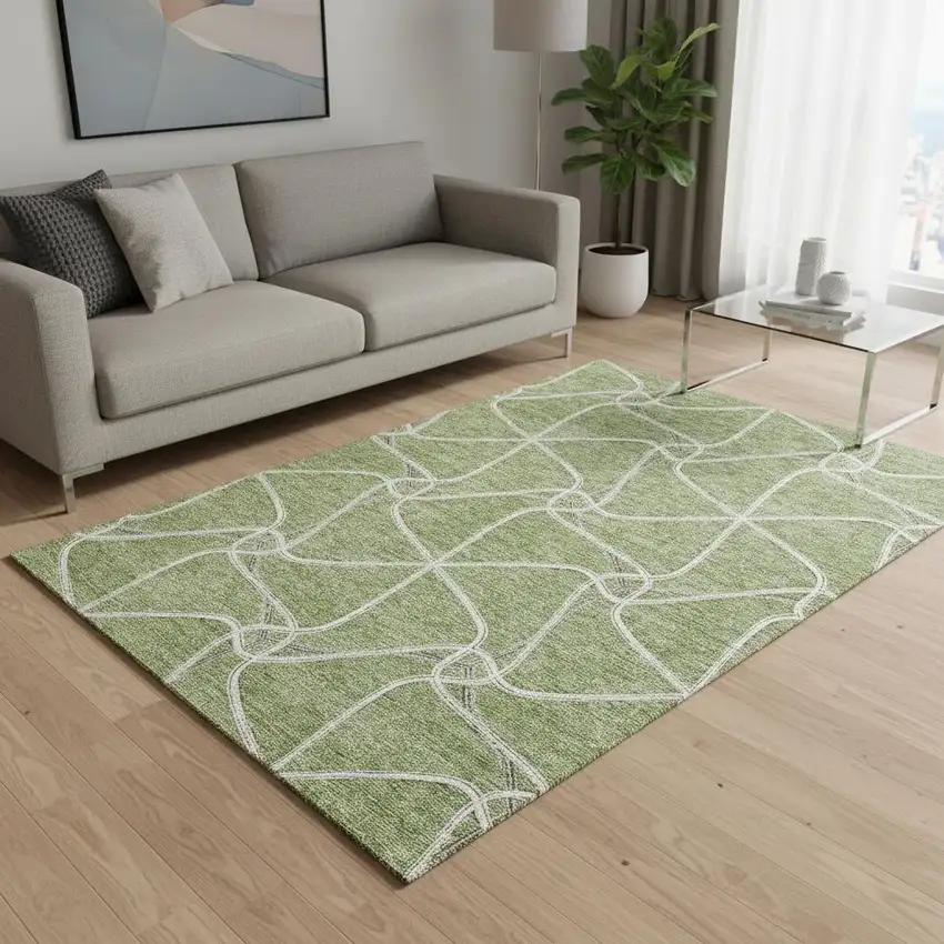Artichoke Green And Ivory Geometric Washable Area Rug With UV Protection Photo 2