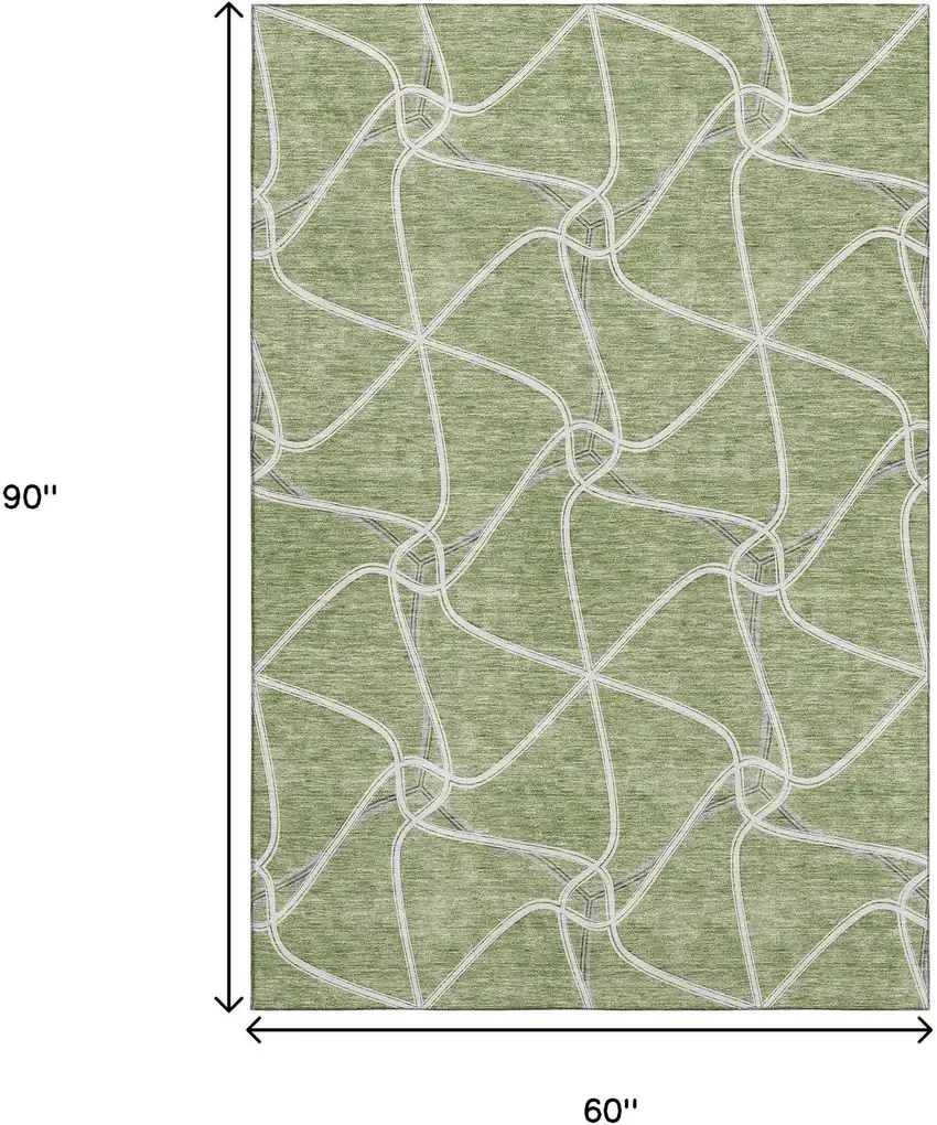Artichoke Green And Ivory Geometric Washable Area Rug With UV Protection Photo 9