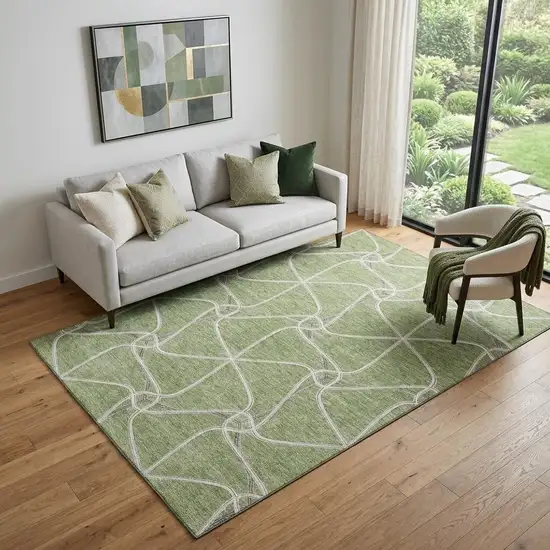 Artichoke Green And Ivory Geometric Washable Area Rug With UV Protection Photo 1