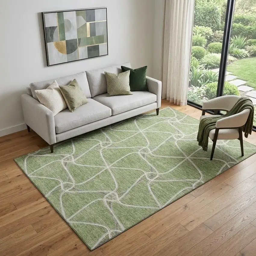 Artichoke Green And Ivory Geometric Washable Area Rug With UV Protection Photo 1