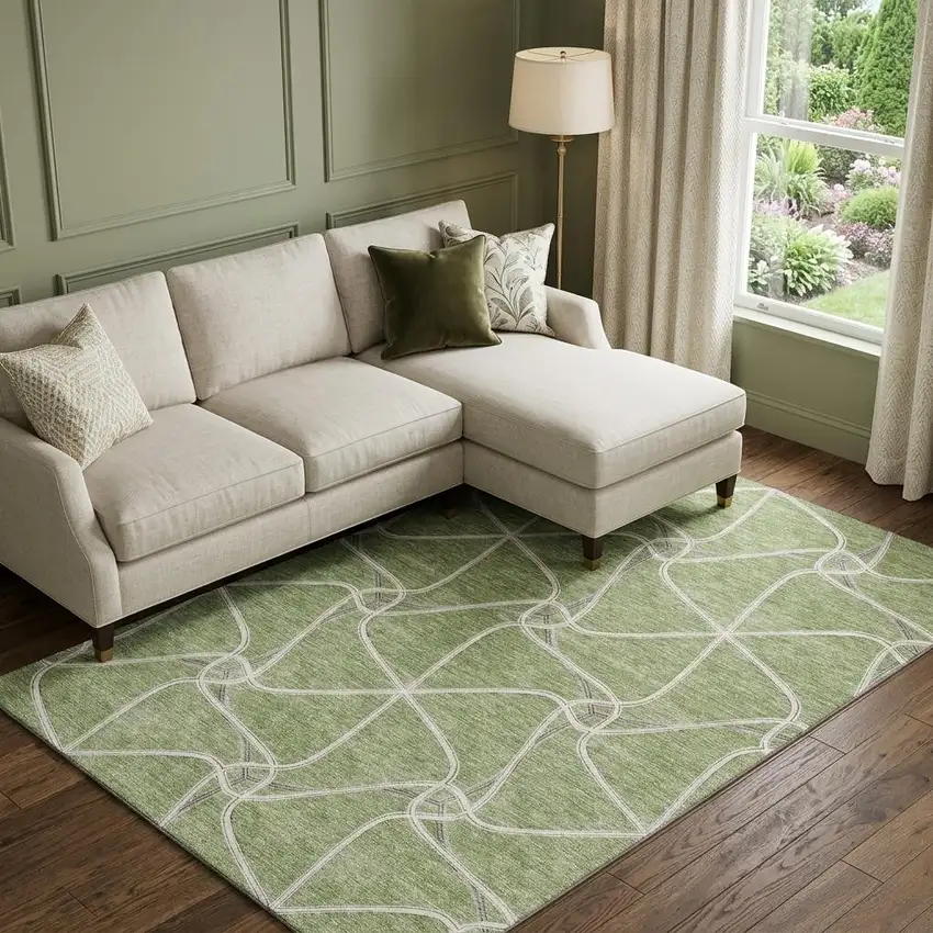Artichoke Green And Ivory Geometric Washable Area Rug With UV Protection Photo 1