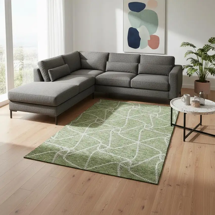 Artichoke Green And Ivory Geometric Washable Area Rug With UV Protection Photo 2